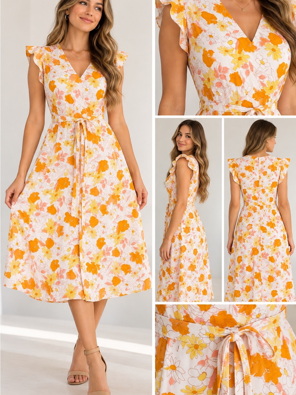 Floral Tie-Waist Summer Dress in Orange, yellow and pink